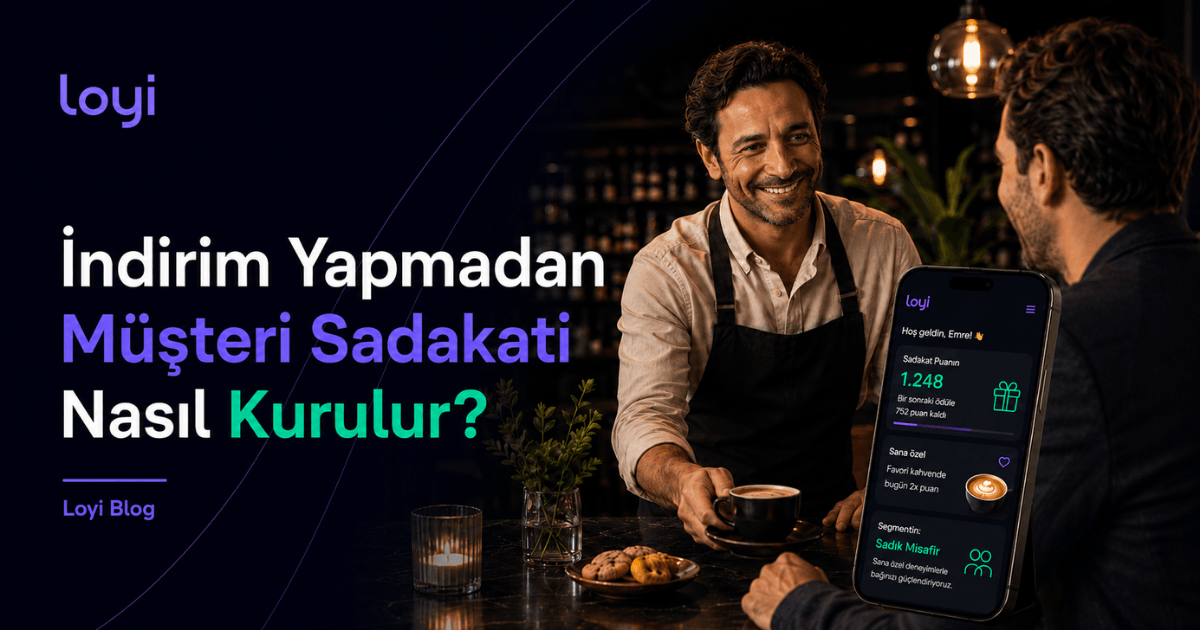 İndirim yapmadan müşteri sadakati blog kapağı, kafede Loyi sadakat ekranı ve sohbet eden barista.